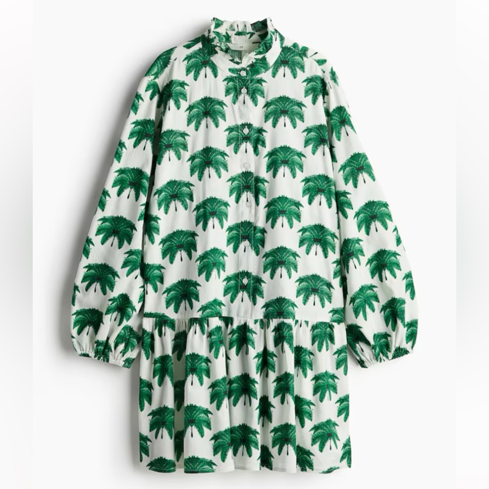 H&M Green Palm Tree Print Ruffle Neck Dress, Large